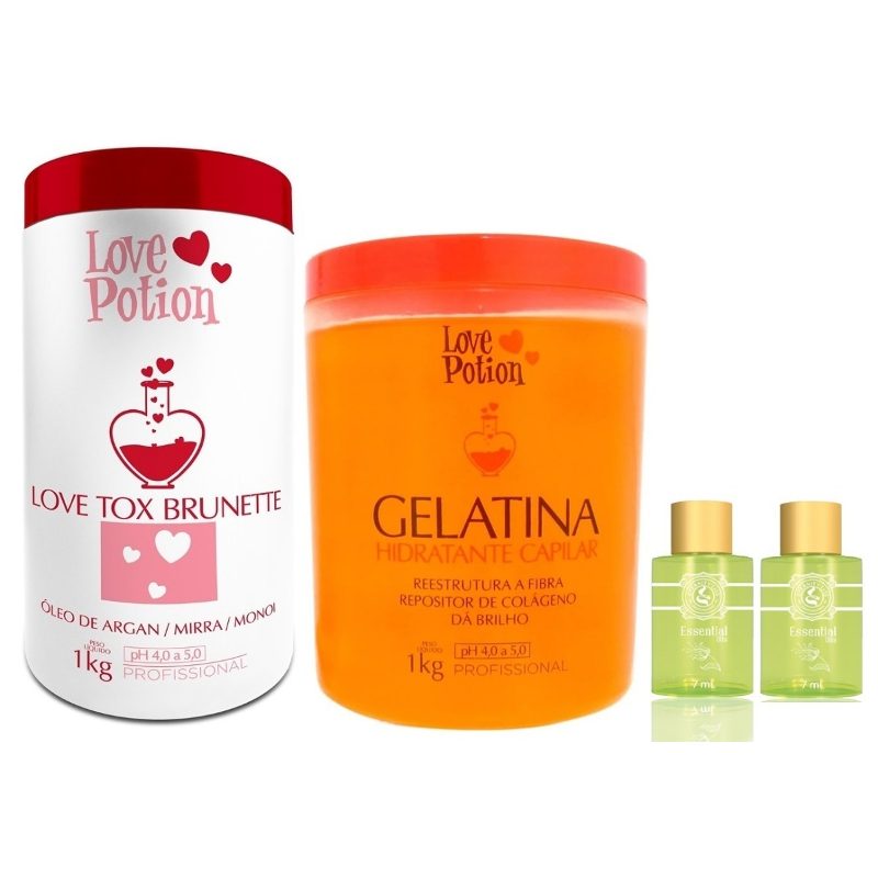 Love Potion Gelatina 1kg + Love Tox Brunette 1kg + 02 Óleos