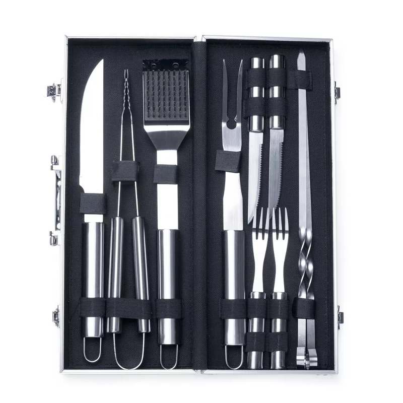 Kit Barbacoa 10 Piezas Cubiertos Pinchos Acero Inoxidable Estuche Aluminio